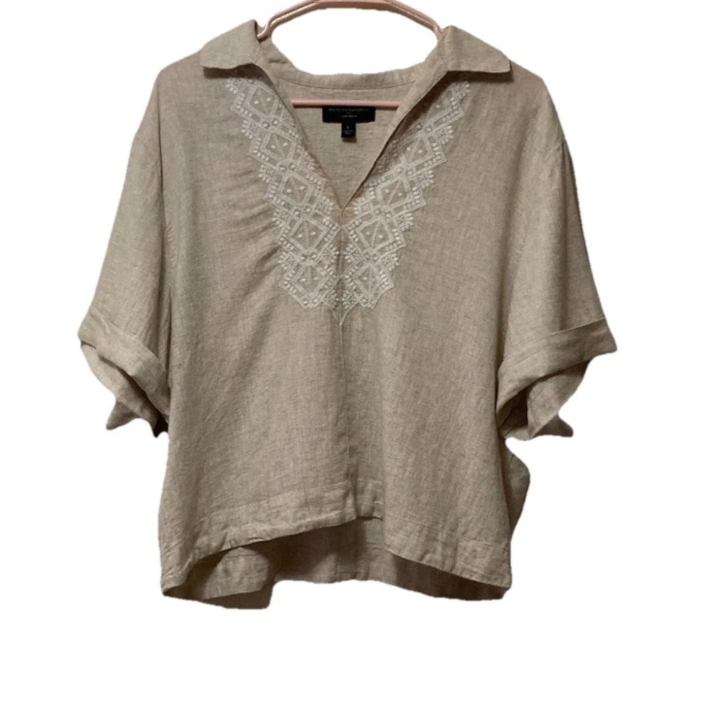 Banana Republic Linen Beige Lagan Top with Embroidered Detail